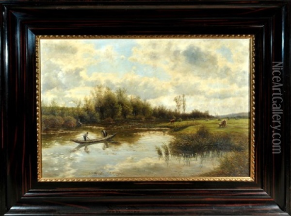 Fischer Am Fluss Mit Weidenden Kuhen Oil Painting - Julius Kornbeck