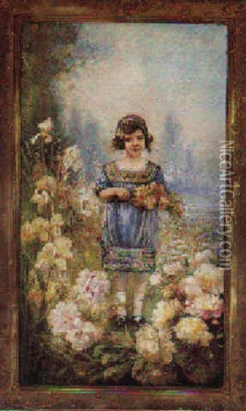 Lille Pige I Blomsterhave Oil Painting - Montserrat Panella de Padres