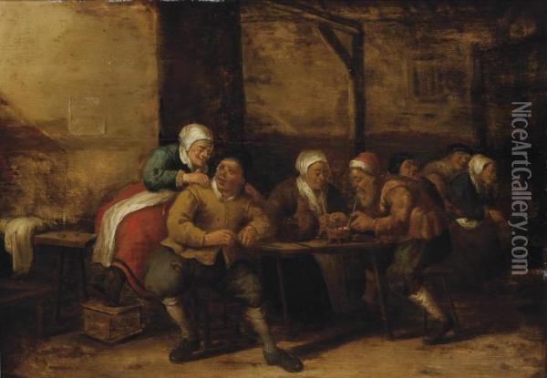 A Barn Interior With Figures Packing Their Pipes And Sitting Around Tables Oil Painting - Joost Cornelisz. Droochsloot