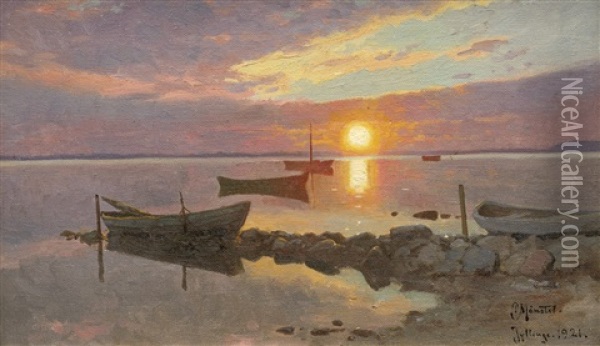 Sonnenuntergang Bei Jyllinge Am Roskilde Fjord Oil Painting - Peder Mork Monsted