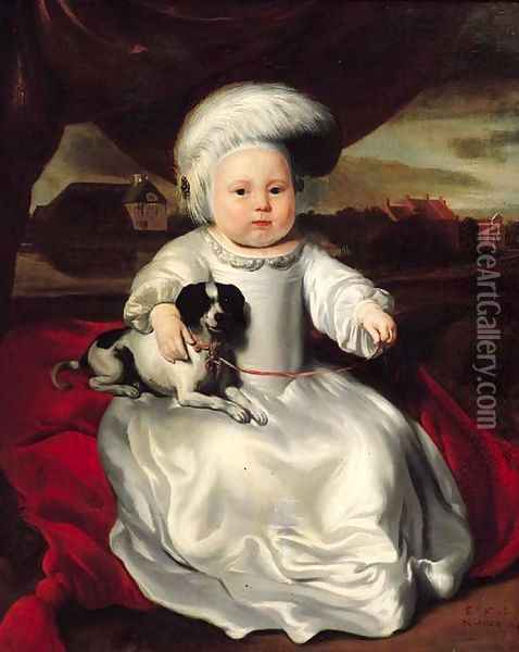Portrait of a baby boy, seated on a cushion by a draped curtain, wearing a white satin dress and feathered hat, a pet dog on his lap Oil Painting - Nicolaes Maes