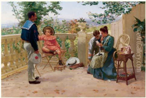 La Lecture De La Lettre Sur Une Terrasse Oil Painting - Adolphe Bonny