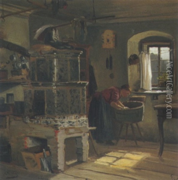 Stubeninterieur Mit Bauerin Oil Painting - Albert Ernst Muehlig
