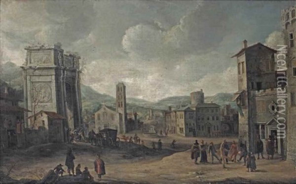 A 'capriccio' View Of A Town Square With Figures By The Arch Of Constantine, Others Dancing And Making Music Oil Painting - Jan Abrahamsz. Beerstraten