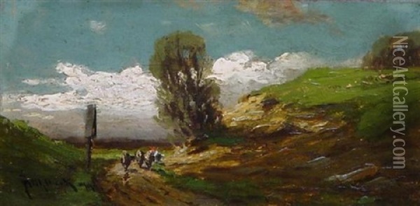 Sommeridylle. Bauer Mit Vieh Am Wegekreuz Oil Painting - Josef Muehlbeck