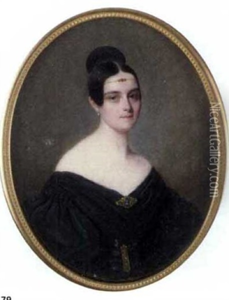 A Young Lady In Off The Shoulder Black Dress With Gold Cameo Brooch At Corsage And Wearing A Gold Ornament In Her Dressed Hair Oil Painting - Savinien Edme Dubourjal