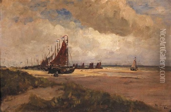 Fishing Fleet On The Sands At Scheveningen Oil Painting - Nathaniel Hone the Elder