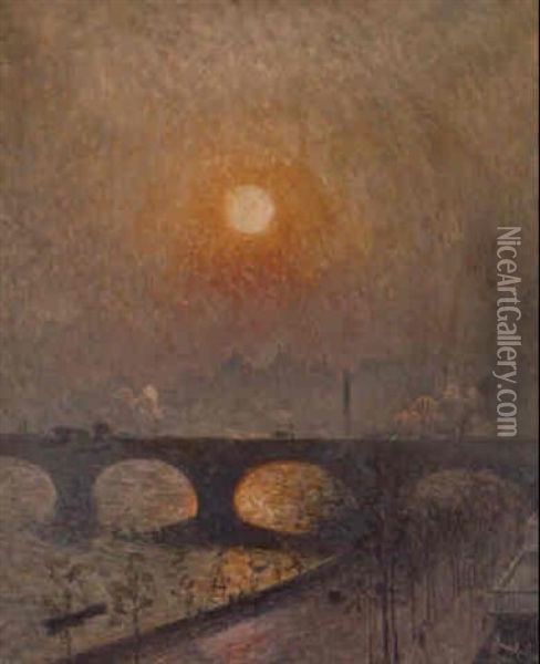 Sunset Over Waterloo Bridge - Zonsondergang Bij Waterloo Bridge Oil Painting - Emile Claus