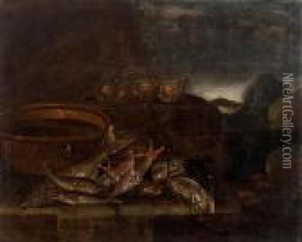 Pesci, Crostacei E Molluschi Con Una Pentola In Rame Su Un Piano Naturale Oil Painting - Giuseppe Recco