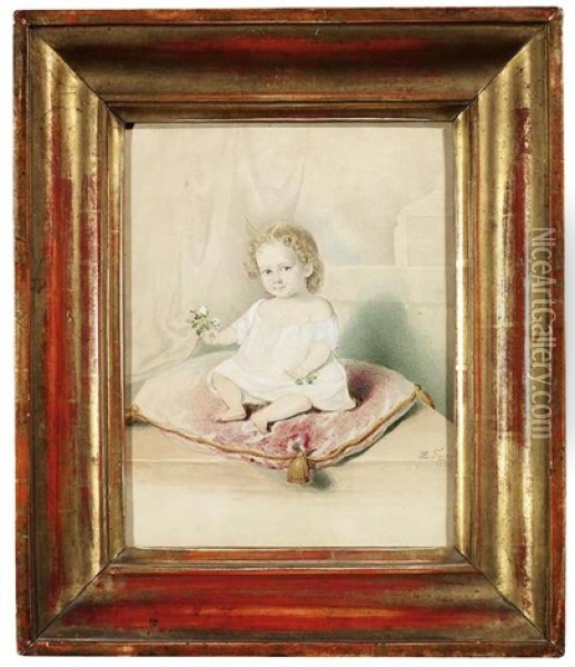 Bildnis Eines Sitzenden Kindes Auf Einem Roten Kissen, In Seinen Handen Halt Es Kleine Blumchen Oil Painting - Leopold Fischer
