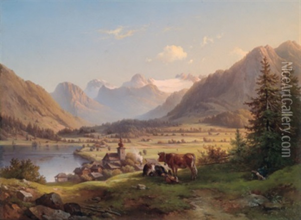Blick Auf Altaussee Und Den Dachstein Oil Painting - Edmund Mahlknecht