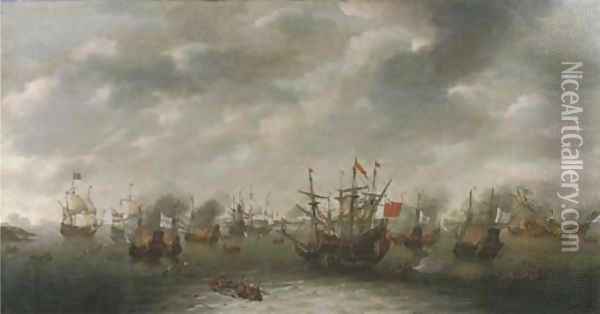 A naval battle, possibly the Battle of Leghorn Oil Painting - Dutch School