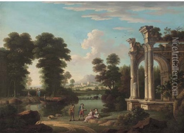 A Classical Wooded River Landscape With Elegant Company Discoursing By Ruins Oil Painting - Hendrick Frans van Lint