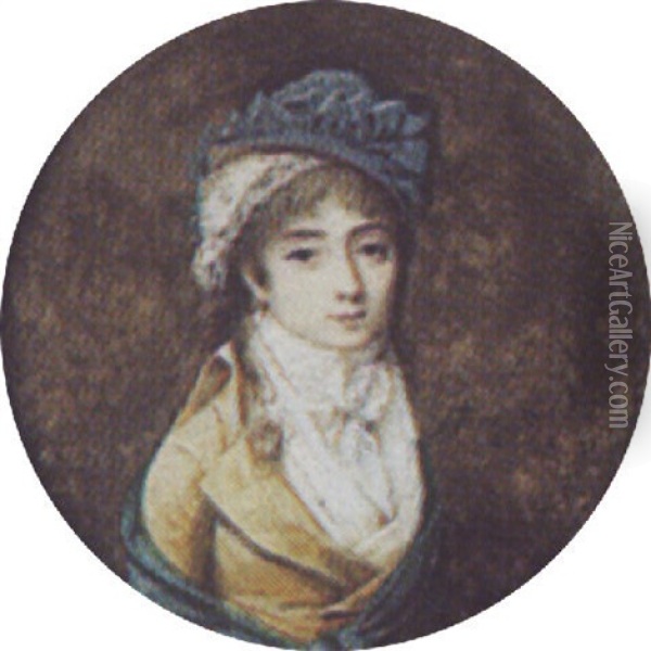 A Lady Wearing A Lace Bonnet And A Blue Hat Oil Painting - Jean-Baptiste Isabey