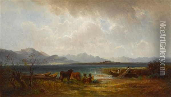 Am Ufer Des Chiemsees. Blick Auf Die Herreninsel Oil Painting - Robert (August Rudolf) Schietzold