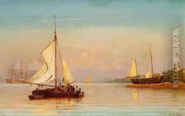 Sailing Ships Off The Coast, Evening Sun Oil Painting - Christian Eckardt