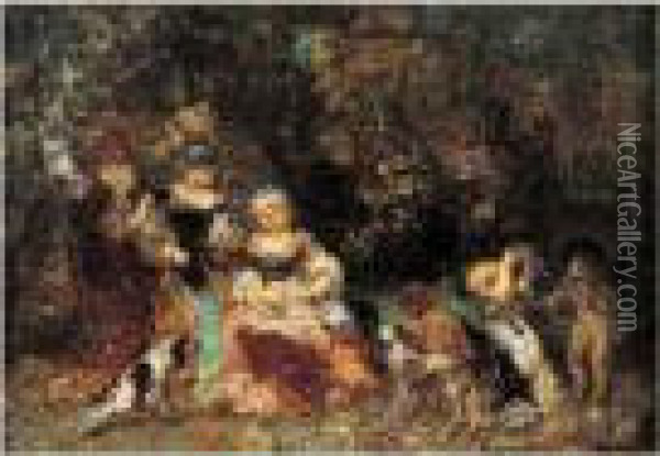 Femmes Et Enfants Dans Un Bois, Circa 1870-1872 Oil Painting - Adolphe Joseph Th. Monticelli
