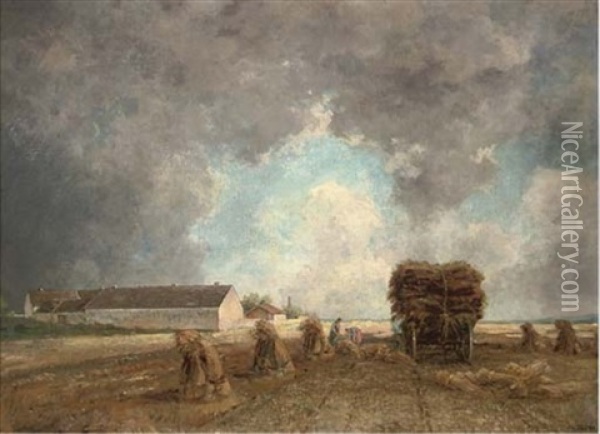 Gathering The Harvest Before The Storm Breaks Oil Painting - Philipp Roeth