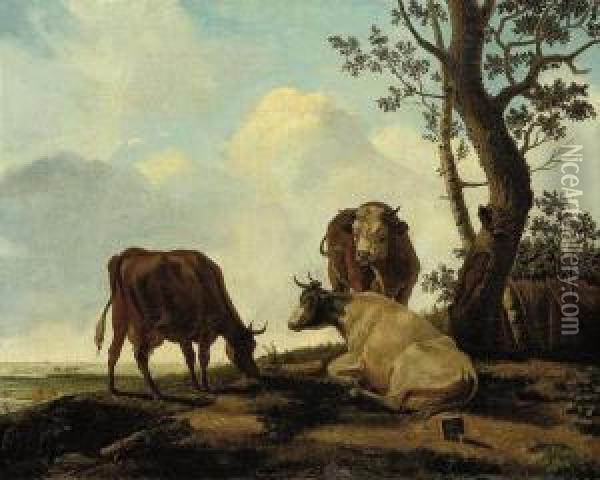 Cattle In A River Landscape Oil Painting - Paulus Potter