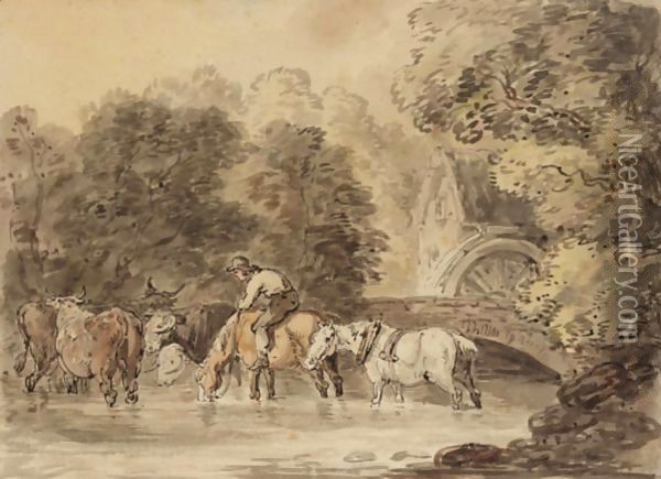 A Figure Watering His Cart Horses In A Stream Oil Painting - Thomas Rowlandson