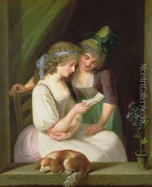 Two Women Reading a Letter Oil Painting - Ludwig Guttenbrunn