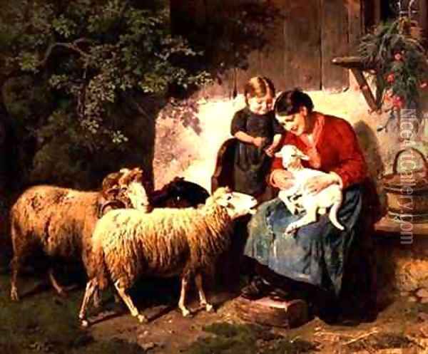 The Pet Lamb Oil Painting - Adolf Eberle