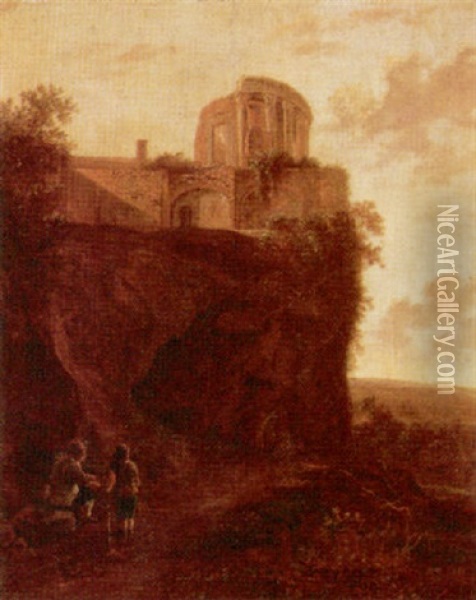 Landscape With Travellers Resting On A Path Beneath The Temple Of Sybils, Tivoli Oil Painting - Jan Dirksz. Both
