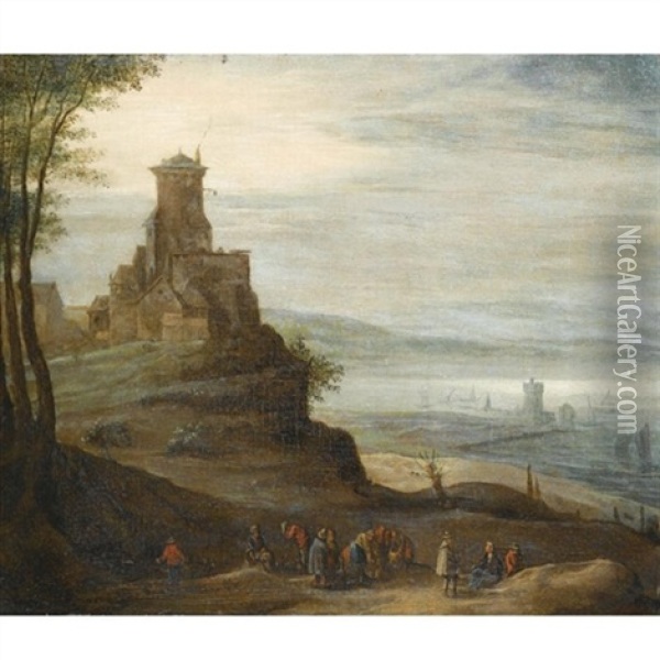 A River Landscape With Figures In The Foreground, A Castle Beyond Oil Painting - Jan Brueghel the Elder
