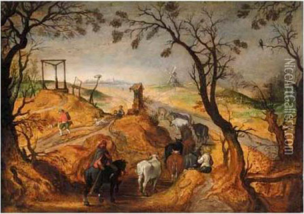 A Wooded Landscape With Farmhands And Cattle Oil Painting - Sebastien Vrancx