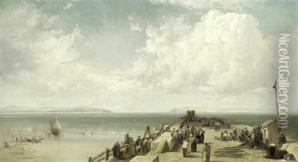Fisherfolk On A Pier Oil Painting - James Webb
