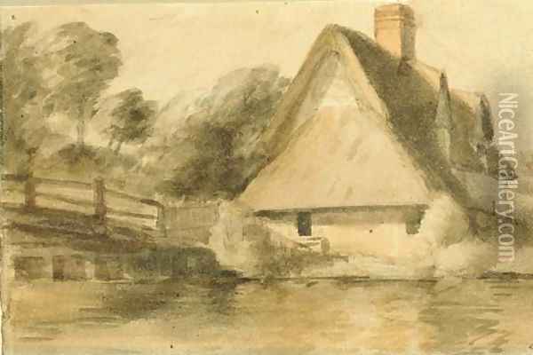 Bridge Cottage and Flatford Bridge Oil Painting - John Constable
