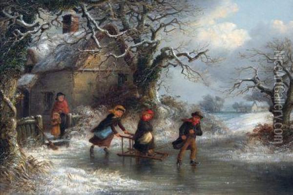 Winter Scene With Children Sledging On A Chair Oil Painting - Thomas Smythe