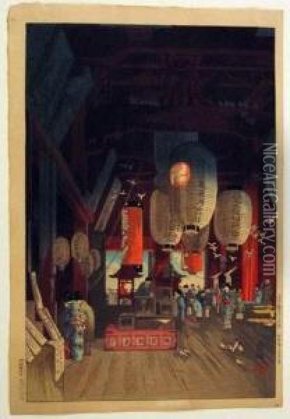 Inside Kanzeon Temple, Asakusa Oil Painting - Eisho Narazaki