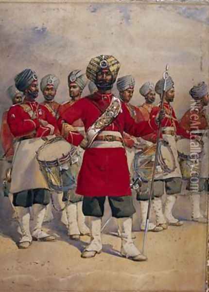Soldiers of the 45th Rattrays Sikhs the Drums Jat Sikhs Oil Painting - Alfred Crowdy Lovett