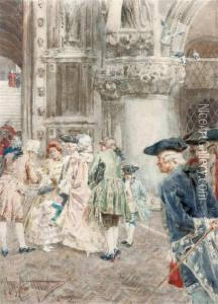 Gossiping Outside A Venetian Church Oil Painting - Giuseppe Vizzotto Alberti