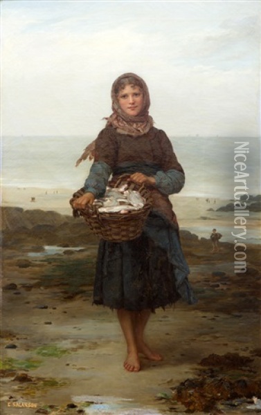 Jong Meisje Met Mand Aan Franse Rotskust Oil Painting - Eugenie Alexandrine Marie Salanson