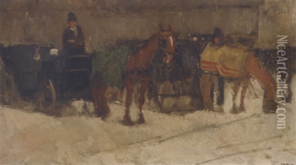 Huurrjtuigen In De Sneeuw: Horses And Carriages In The Snow Oil Painting - Floris Arntzenius