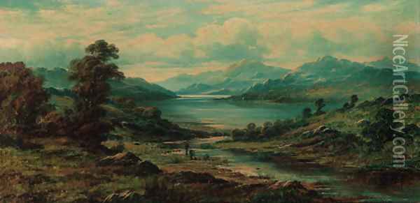 Anglers in a loch landscape Oil Painting - Charles Leslie