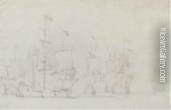Warships Becalmed Oil Painting - Willem van de, the Elder Velde
