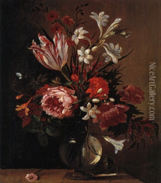 Blumenstrauss In Glasvase Oil Painting - Nicolas Baudesson