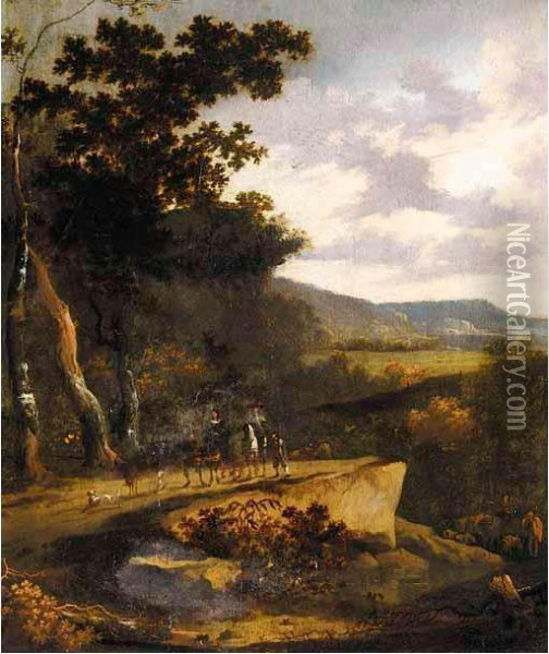 A Wooded Landscape With Travellers On A Path Oil Painting - Hans De Jode