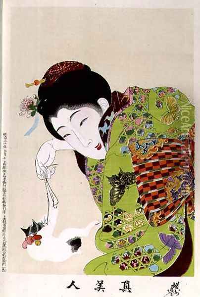 1973-22c Shin Bijin (True Beauties) depicting a woman playing with a kitten, from a series of 36, modelled on an earlier series Oil Painting - Toyohara Chikanobu