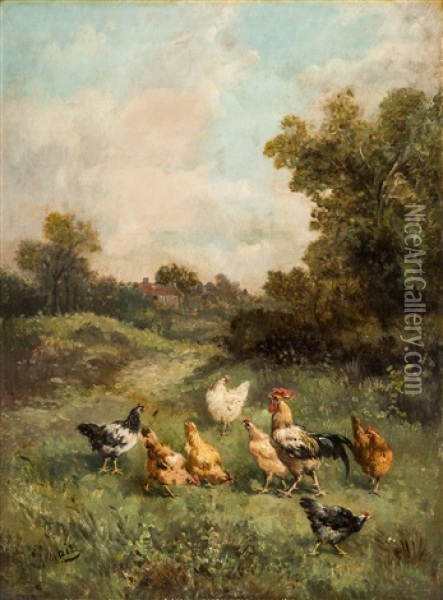 Chickens In The Yard Oil Painting - Louis Marie Lemaire