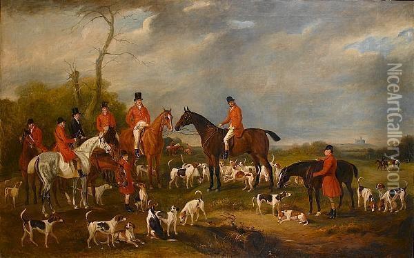 Sir Richard Sutton Bart, And His
 Hounds, With Portraits Of Gentlemen Of The Burton Hunt, Lincoln 
Cathedral In The Distance Oil Painting - John Snr Ferneley