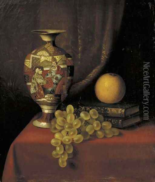 Still Life with Vase, Grapes and Books Oil Painting - Thomas H. Hope