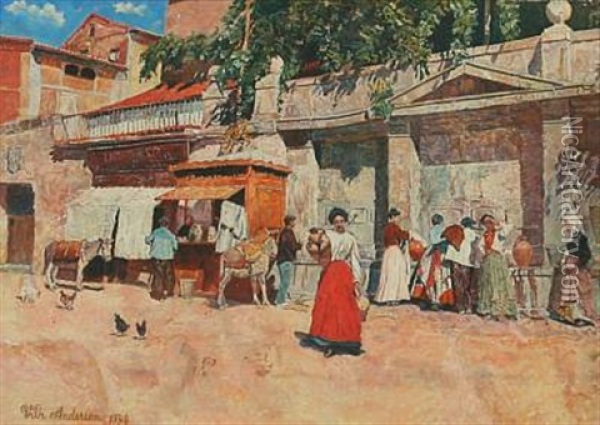 Southern Market Place With Women Fetching Water At A Fountain Oil Painting - Wilhelm Andersen
