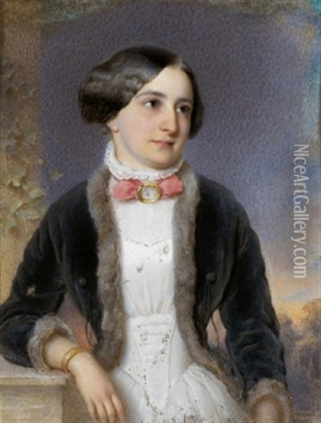 Bildnis Einer Jungen Frau In Pelzverbramtem Jackchen, In Einer Landschaft Stehend Oil Painting - Gabriel Decker