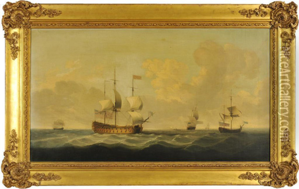 A Flagship Wearing A Flag Of The Vice Admiral Of The Red, 
Before The Wind Oil Painting - Charles Brooking