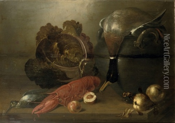 A Lobster, A Snipe, A Duck Lying On A Cauldron, Vegetables And Pears, All On A Wooden Table Oil Painting - Balthasar Huys