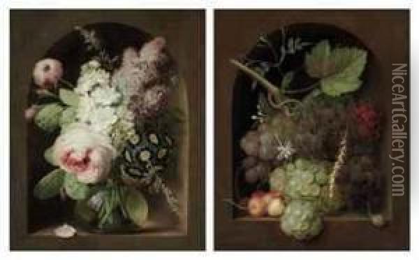 Roses, Hyacinth And Other Flowers In A Glass Vase In A Stone Niche;and Grapes, Cherries And Wheat With A Snail In A Stone Niche Oil Painting - Georg Frederik Ziesel